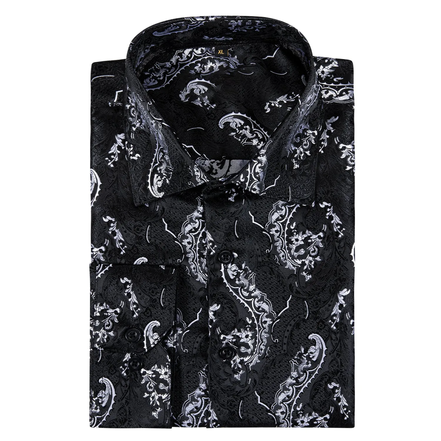 Black White Floral Style Silk Men's Long Sleeve Shirt