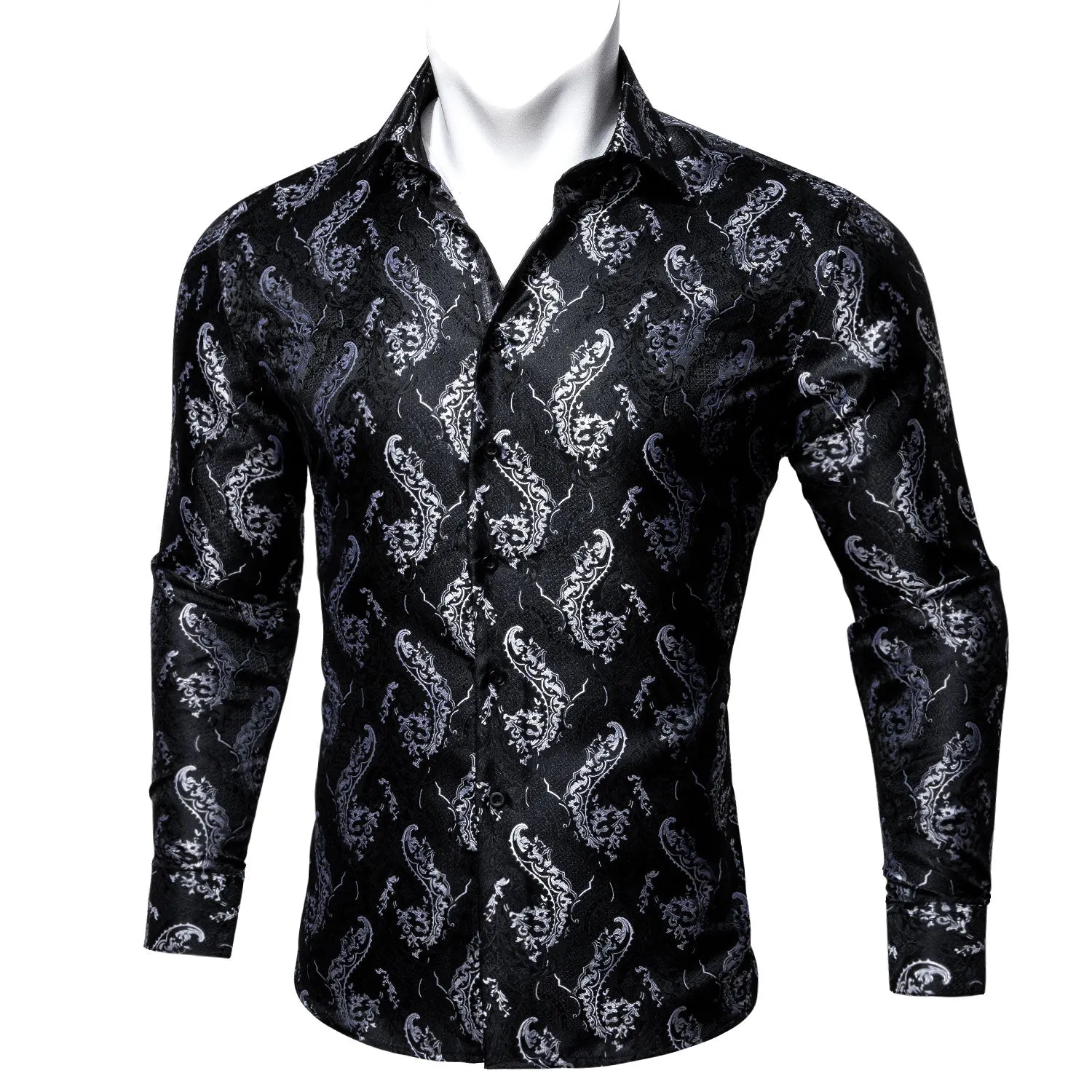 Black White Floral Style Silk Men's Long Sleeve Shirt