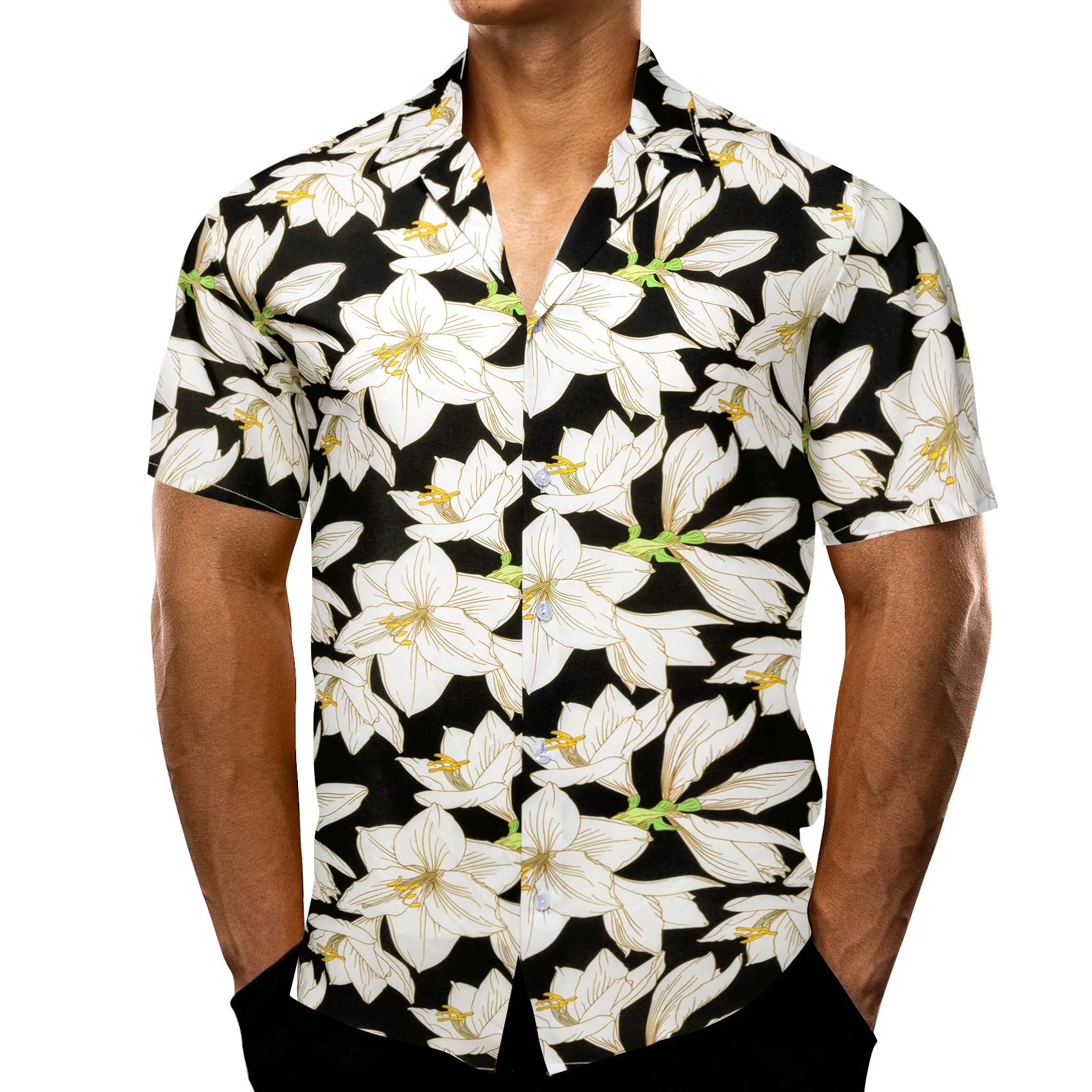 Black White Lily Novelty Men's Short Sleeve Summer Shirt