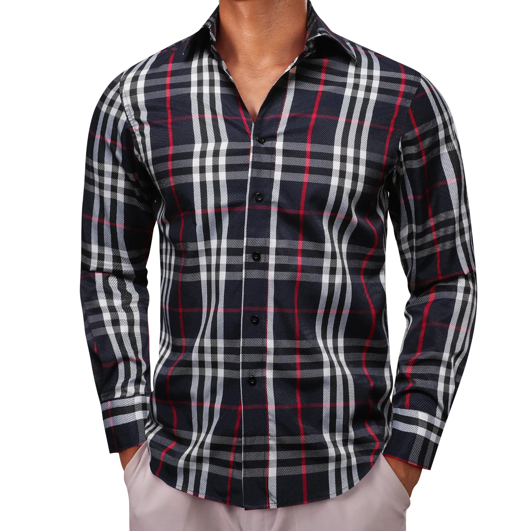 Black White Plaid Men's Long Sleeve Work Shirt