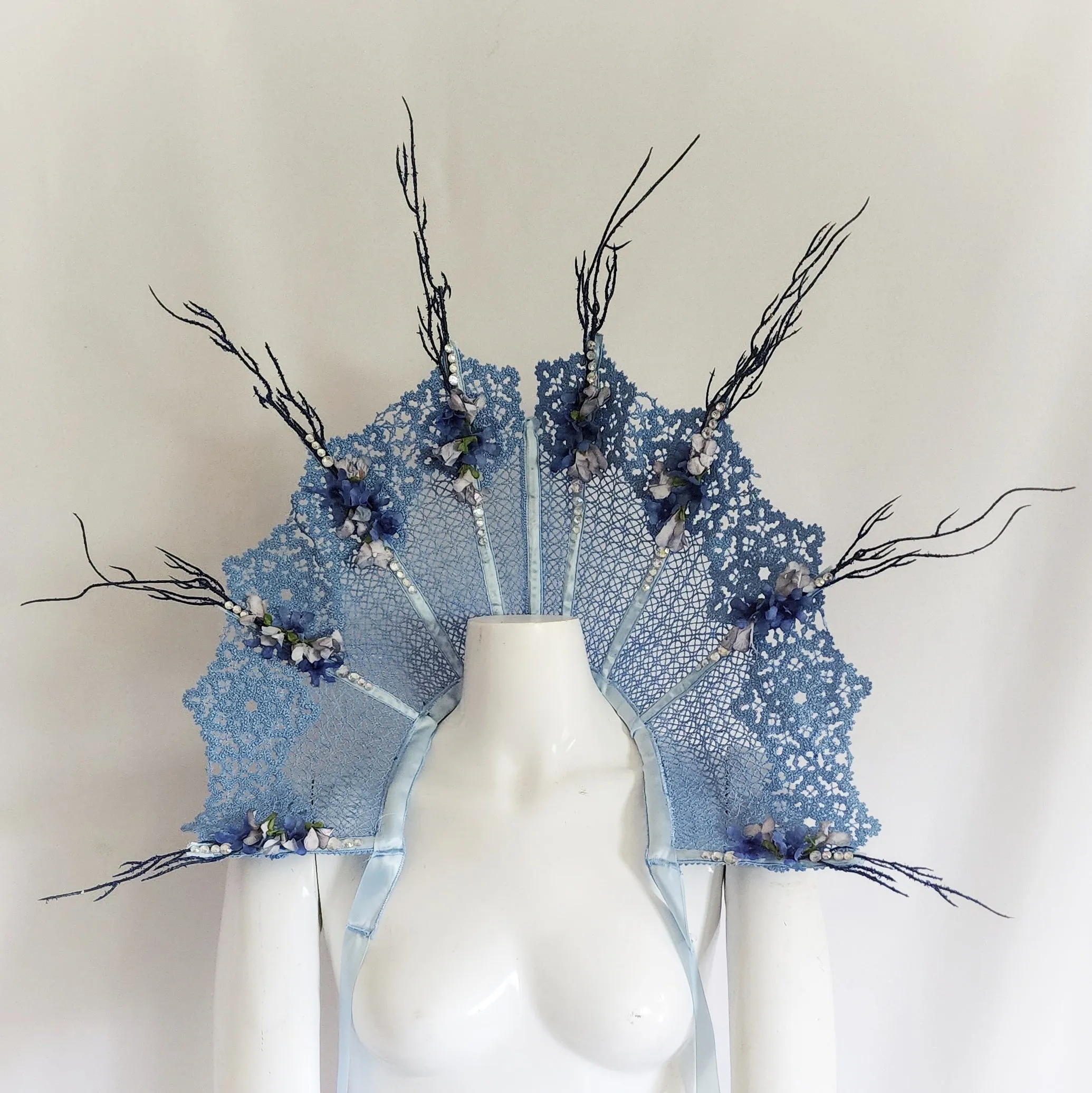 Blue Flower Fairy Queen Fan Lace Stand Up Collar