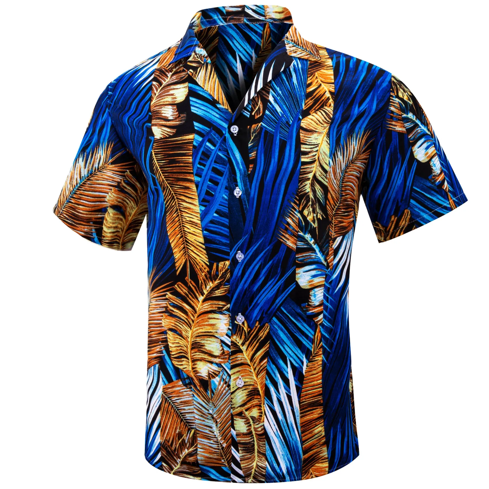 Blue Gold Leaves Novelty Men's Short Sleeve Summer Shirt