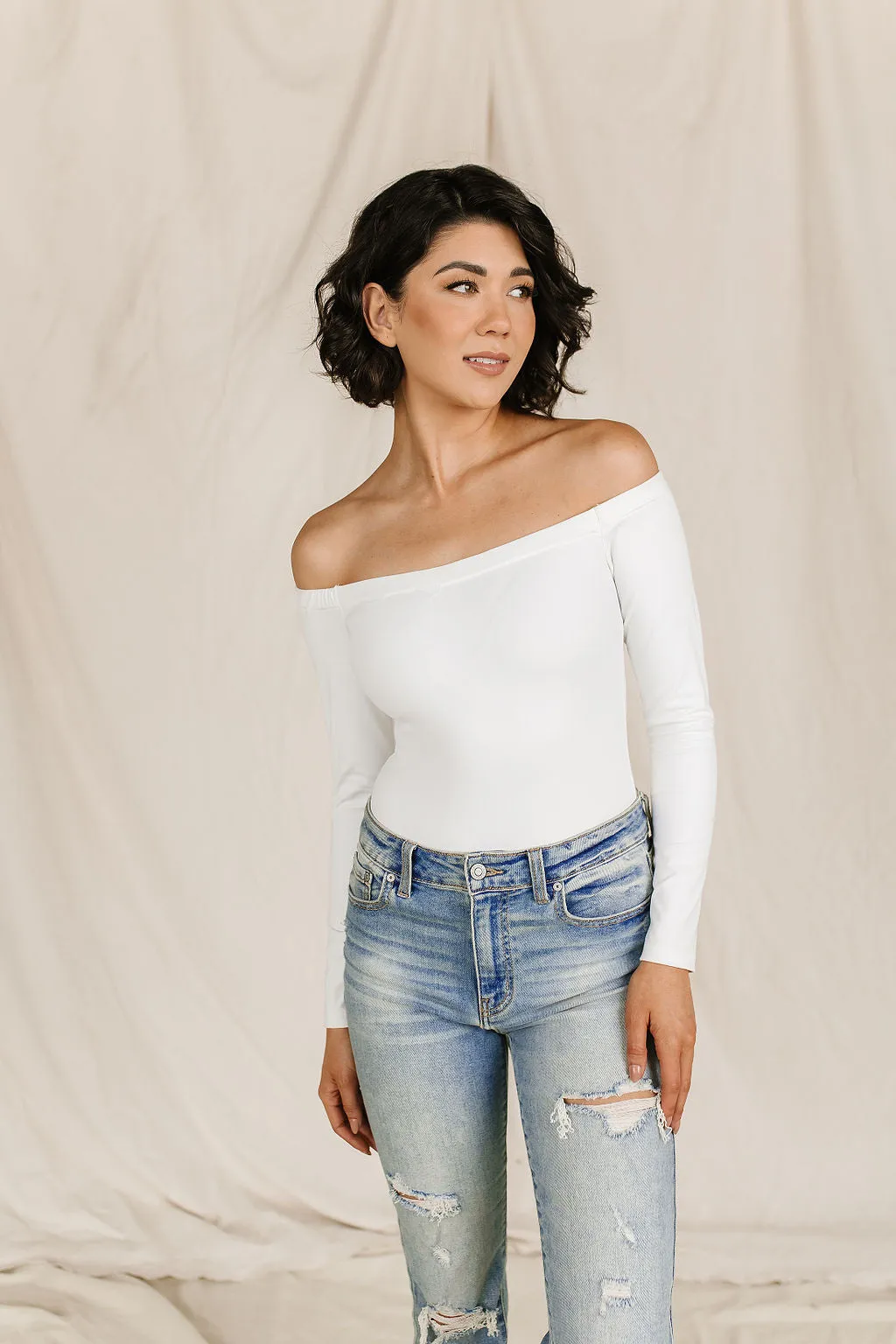 Bodysuit - Long Sleeve Off The Shoulder - White