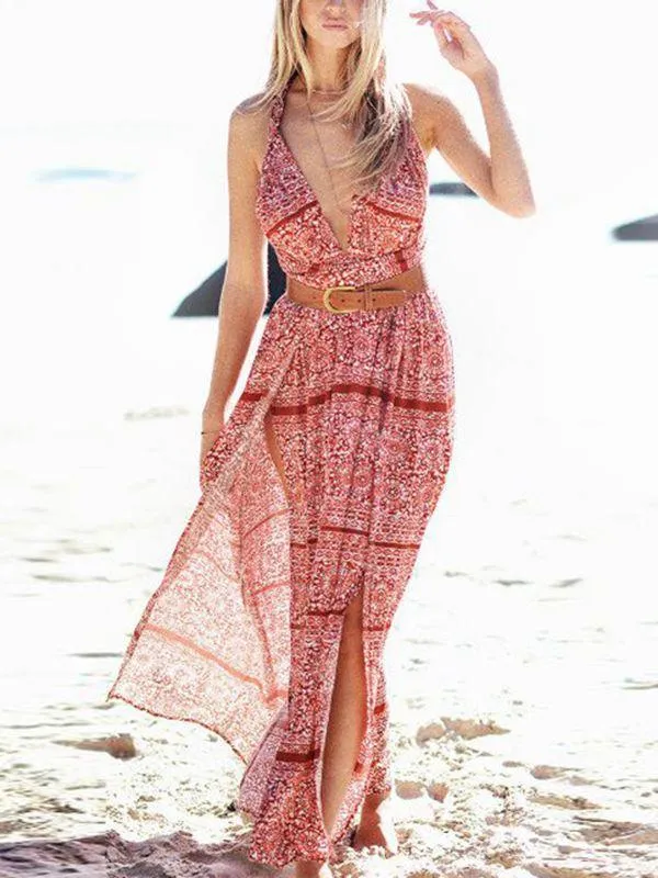 Bohemian Print Beach Split-side Sleeveless Chiffon Dress