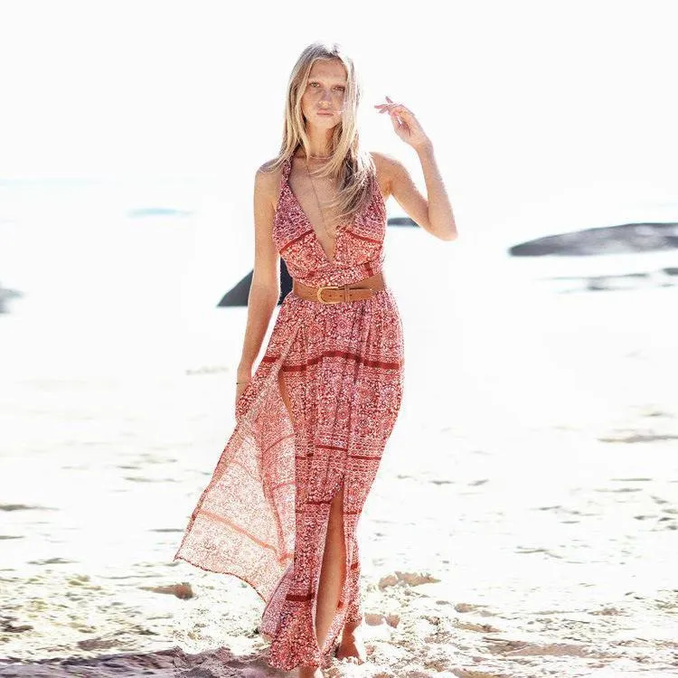 Bohemian Print Beach Split-side Sleeveless Chiffon Dress