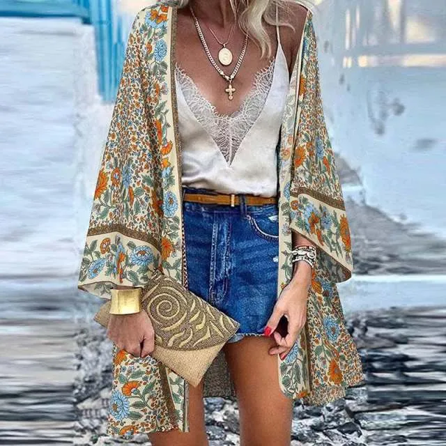 Bohemian Women Beach Cardigan Summer Floral Printed Blouse Kimono Vintage Open Front Long Sleeve Tunic