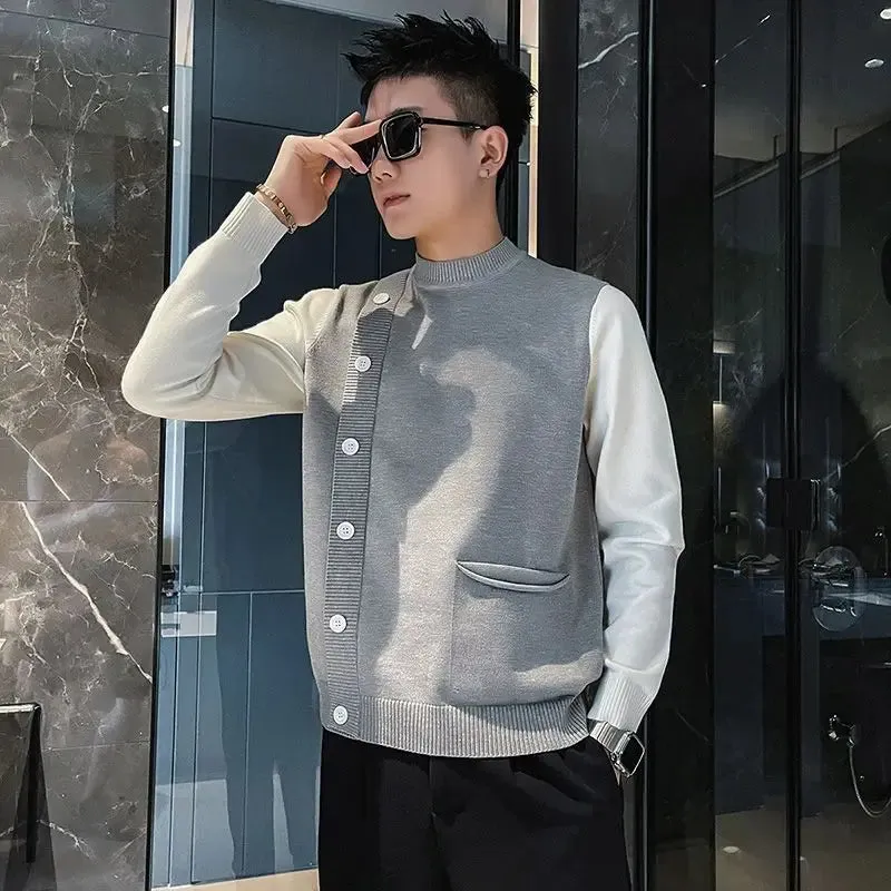 Bonsir Autumn and Winter Men's Fashion Business Casual Leave Two Pieces Half High Collar Panel Long Sleeve Versatile Knit Shirt