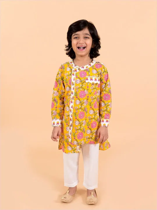 Boys  Yellow Ethnic Motifs Printed Angrakha Pure Cotton Kurta With Trousers - Ps Peaches