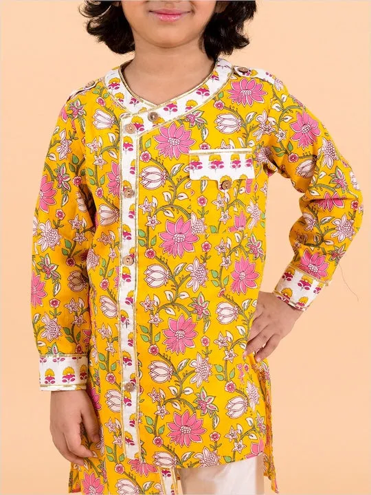 Boys  Yellow Ethnic Motifs Printed Angrakha Pure Cotton Kurta With Trousers - Ps Peaches