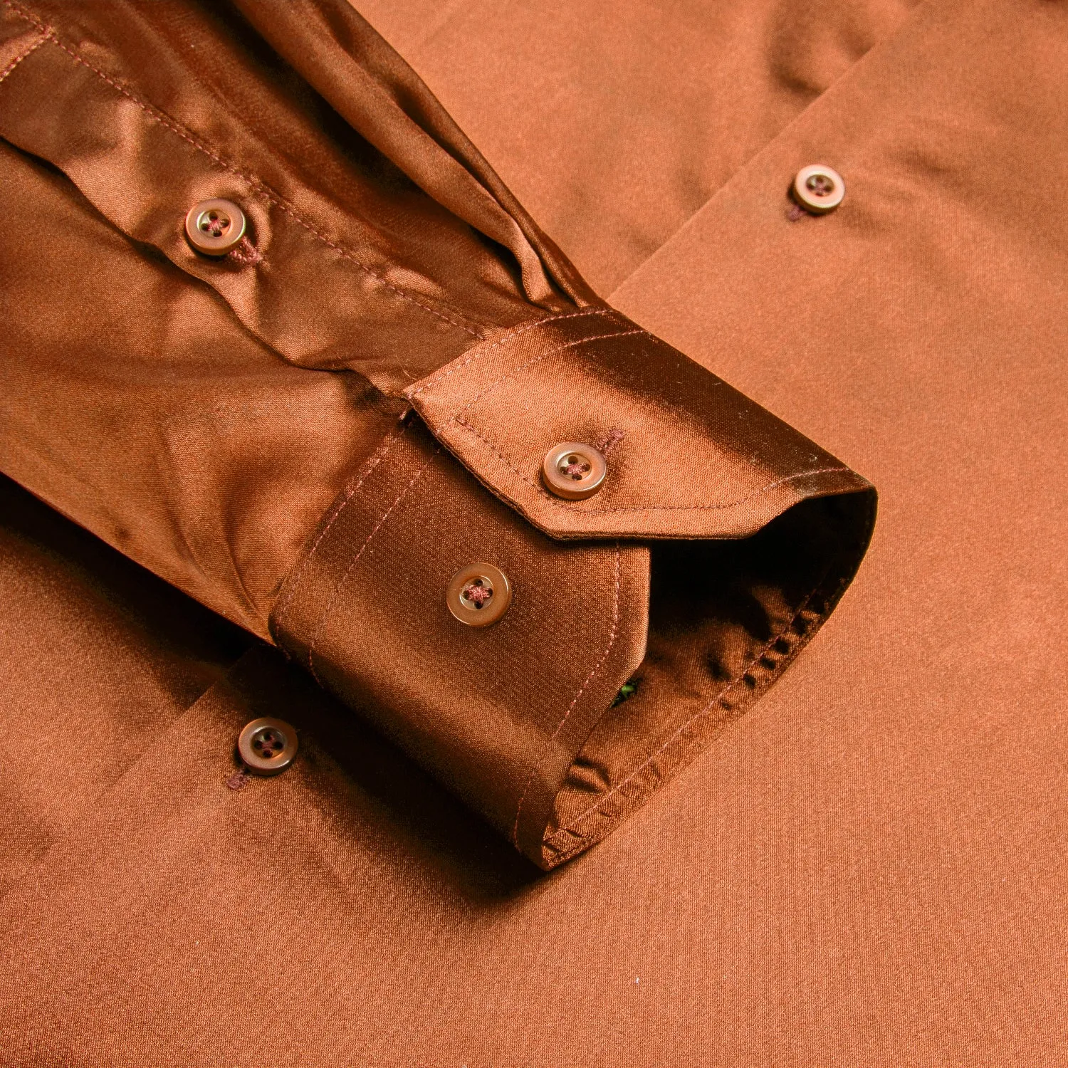 Brown Golden Solid Satin Men's Long Sleeve Shirt