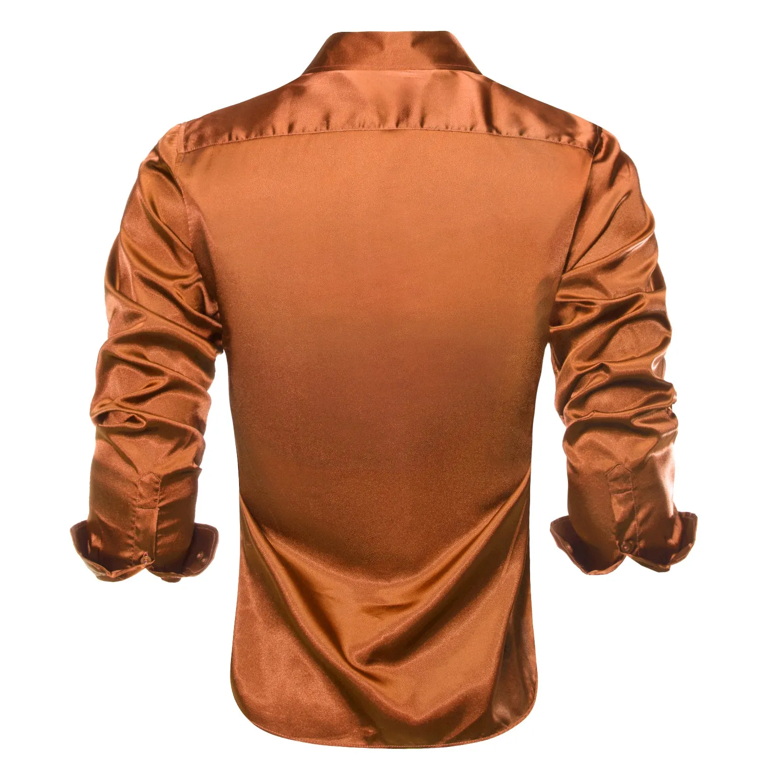 Brown Golden Solid Satin Men's Long Sleeve Shirt