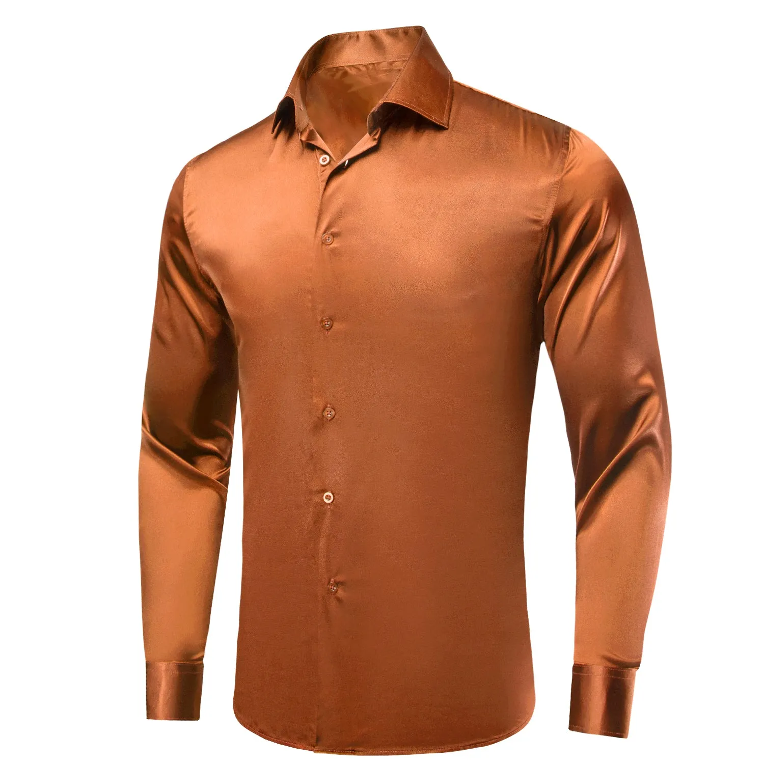 Brown Golden Solid Satin Men's Long Sleeve Shirt