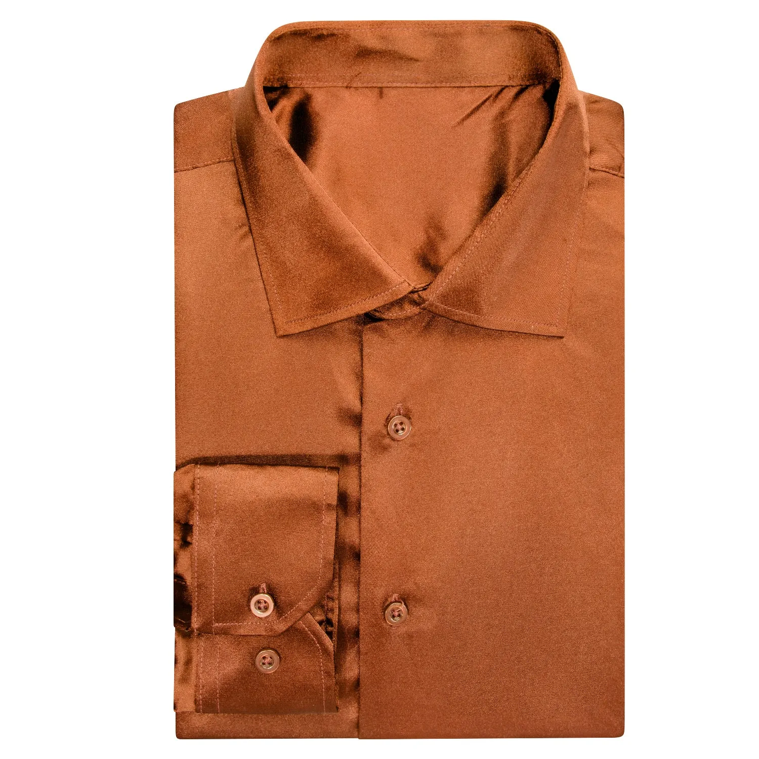 Brown Golden Solid Satin Men's Long Sleeve Shirt