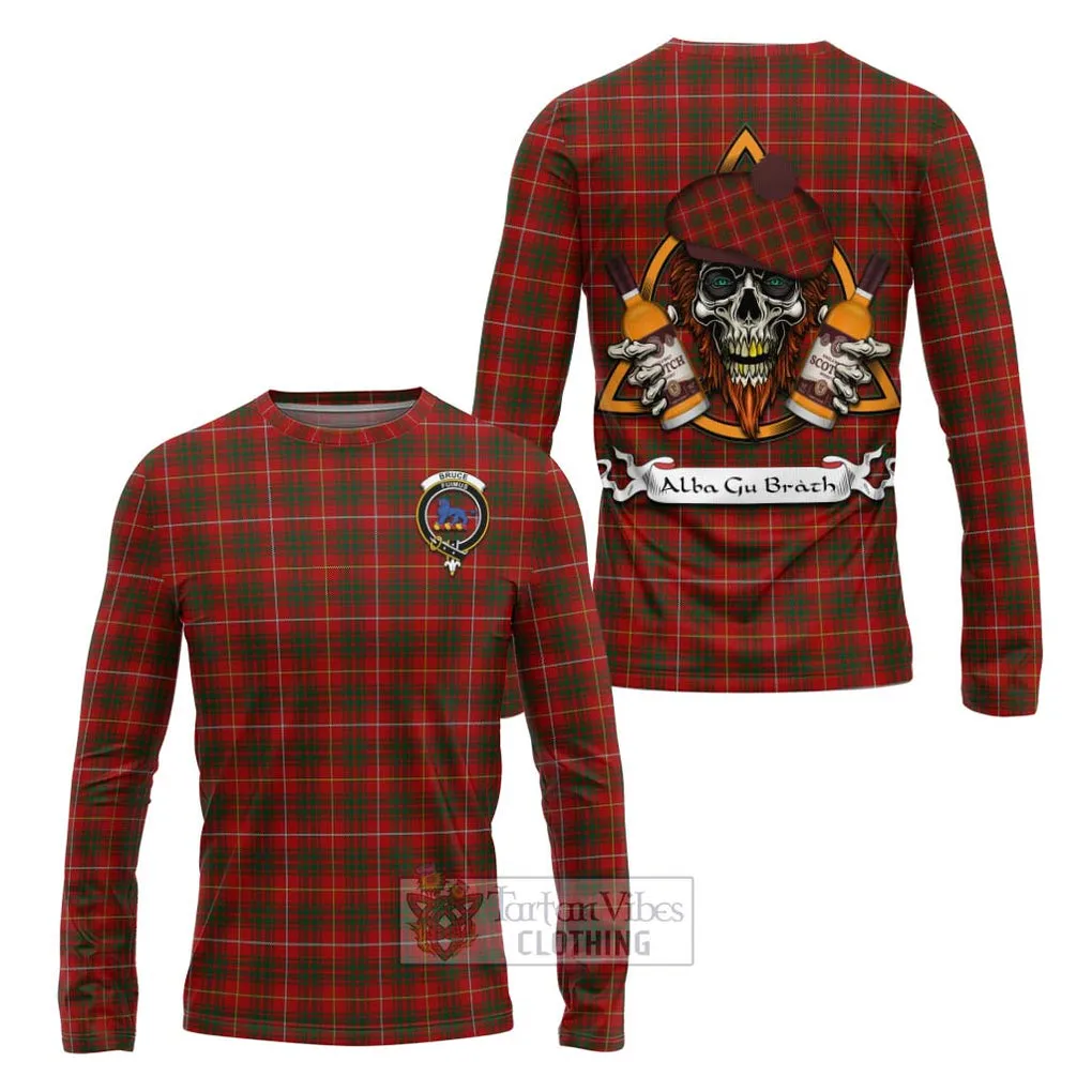 Bruce Tartan Long Sleeve T-Shirt with Family Crest and Bearded Skull Holding Bottles of Whiskey