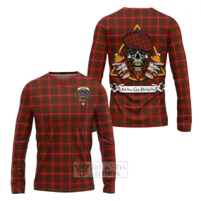 Bruce Tartan Long Sleeve T-Shirt with Family Crest and Bearded Skull Holding Bottles of Whiskey