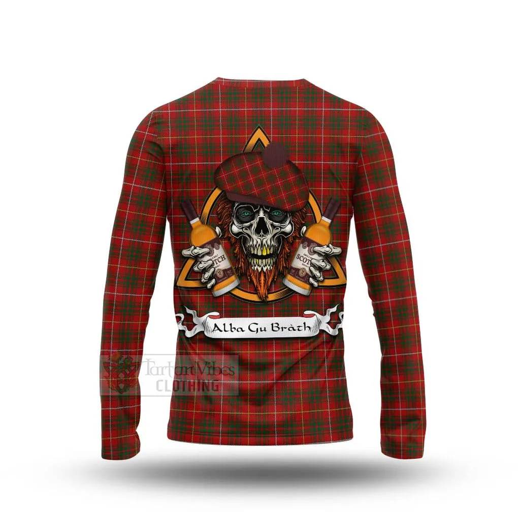 Bruce Tartan Long Sleeve T-Shirt with Family Crest and Bearded Skull Holding Bottles of Whiskey