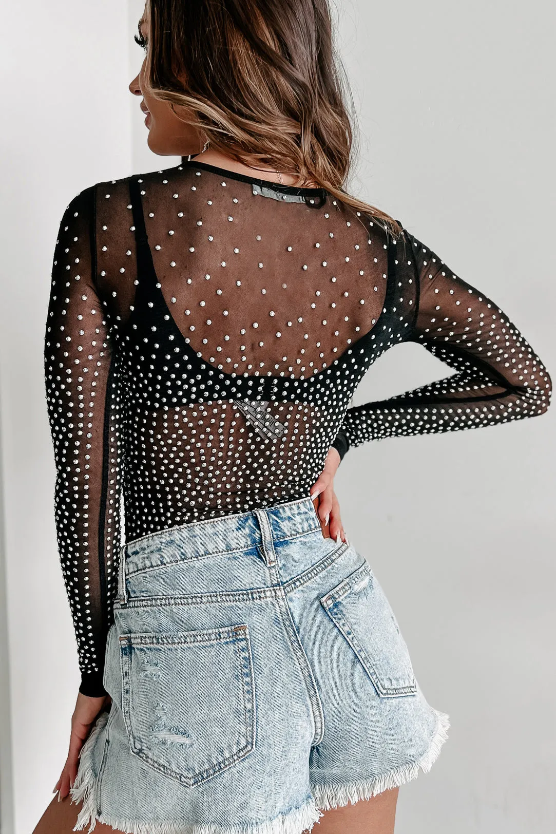 Bucking The System Rhinestone Mesh Long Sleeve Bodysuit (Black)