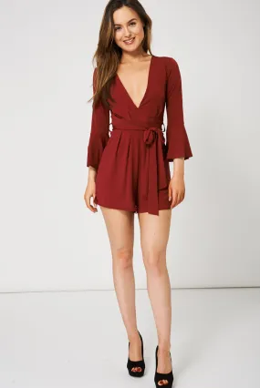 Burgundy V-Neck Belted Playsuit Ex-Branded