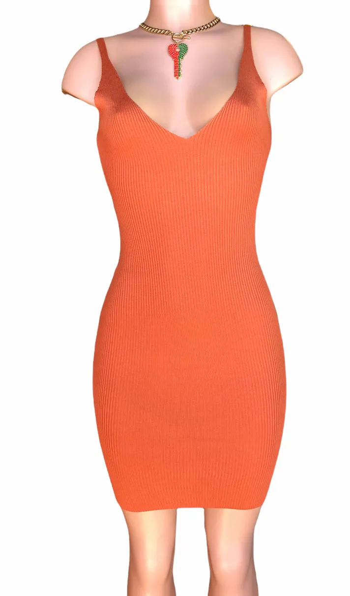 Burnt Orange Ribbed Knit Bodycon Dress