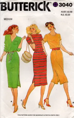 Butterick 3040 EASY Pullover Stretch Knit Dresses 1980s Vintage Sewing Pattern Size Medium 12 - 14