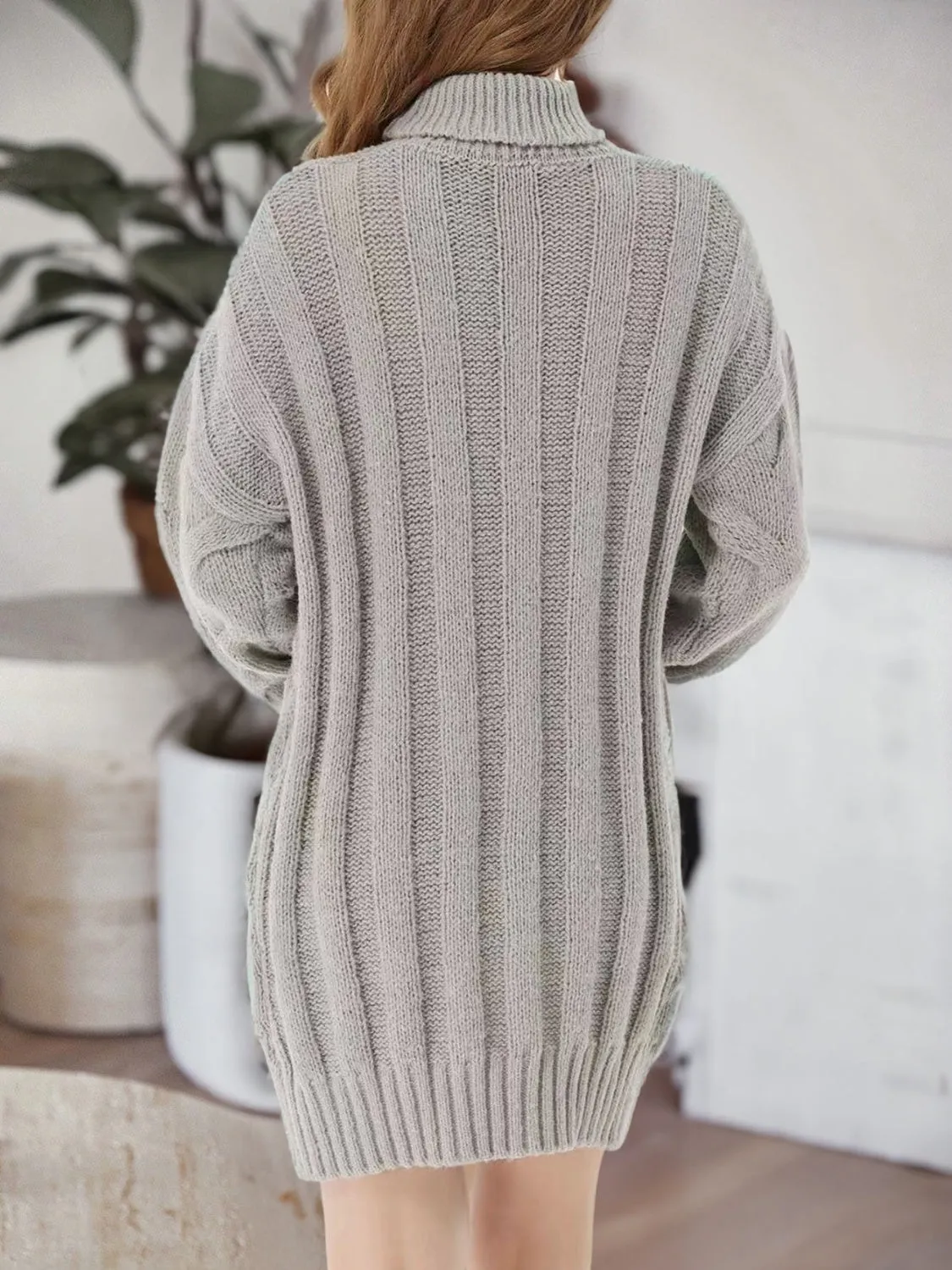 Cable-Knit Turtleneck Mini Sweater Dress