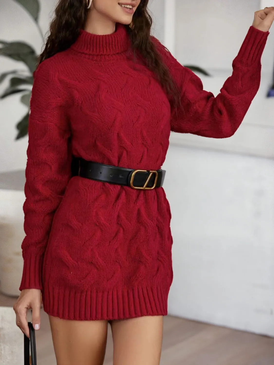 Cable-Knit Turtleneck Mini Sweater Dress