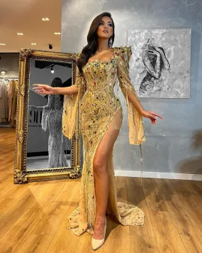 Cape Sleeves Gold Embellished Dress with Side Slit