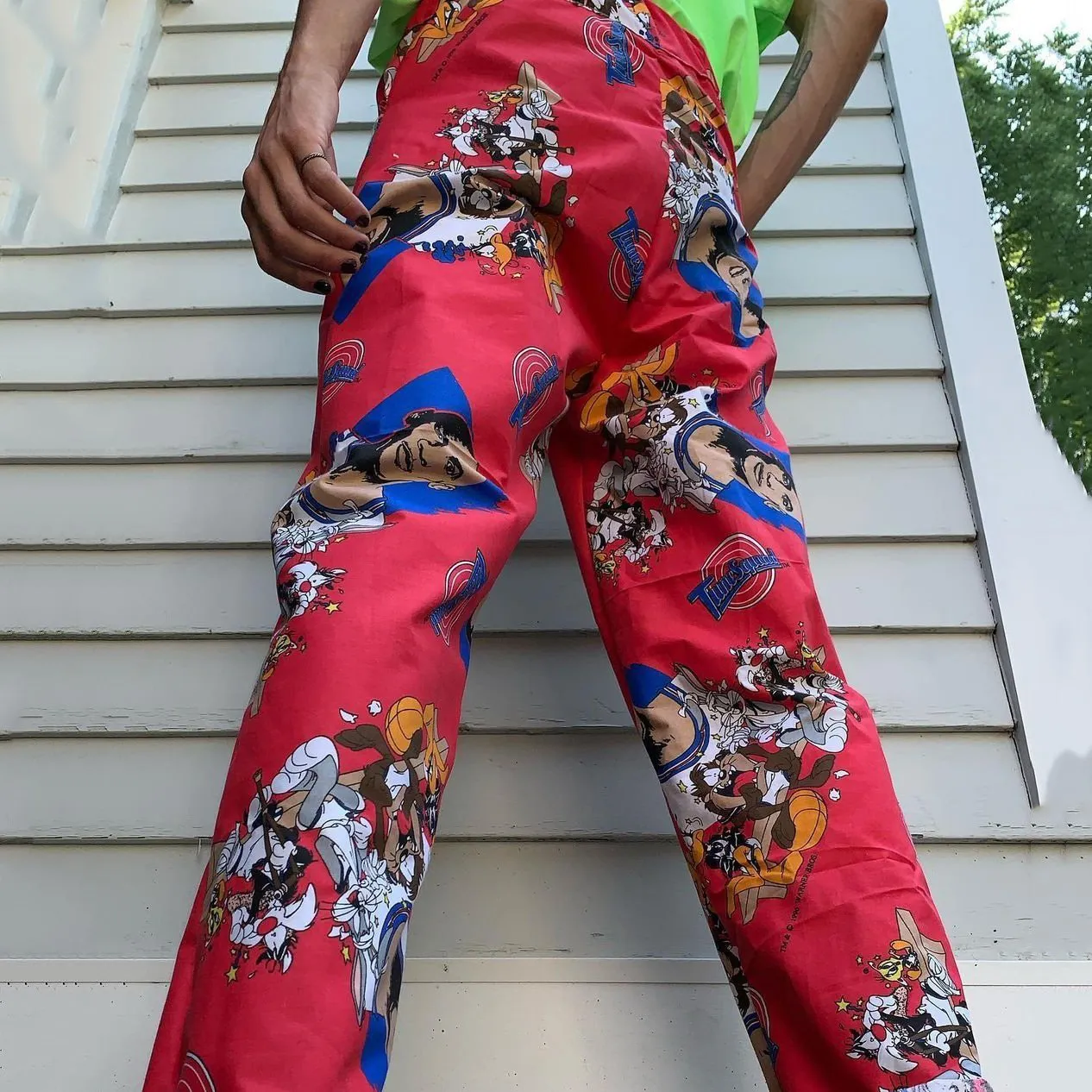 Cartoon print fashion street shot red trousers