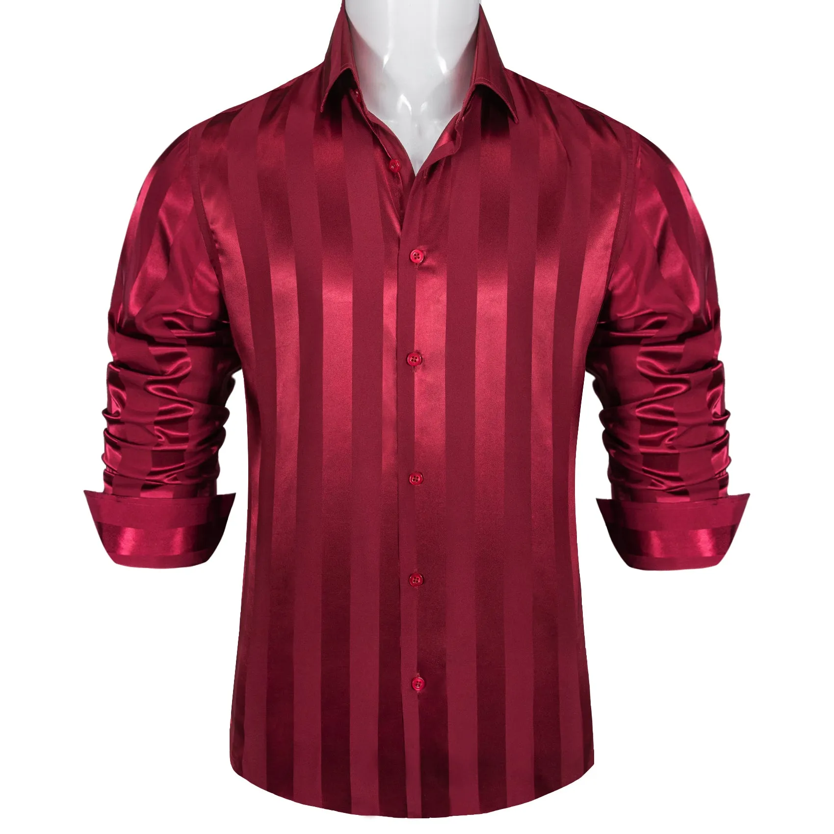 Casual Deep Red Striped Shiny Satin Men's Long Sleeve Shirt