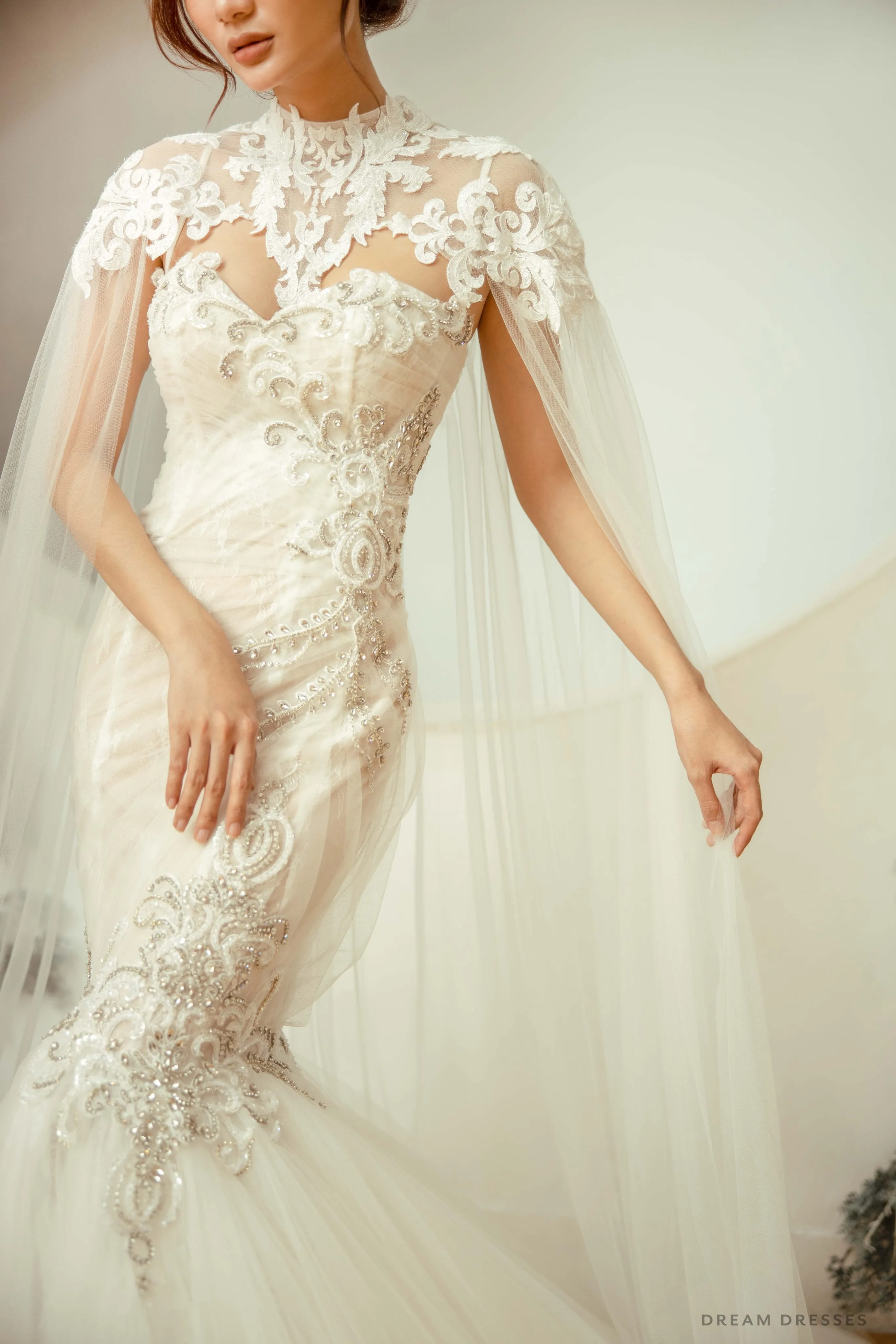 Cathedral Bridal Lace Cape with High Neck (#YONIA)