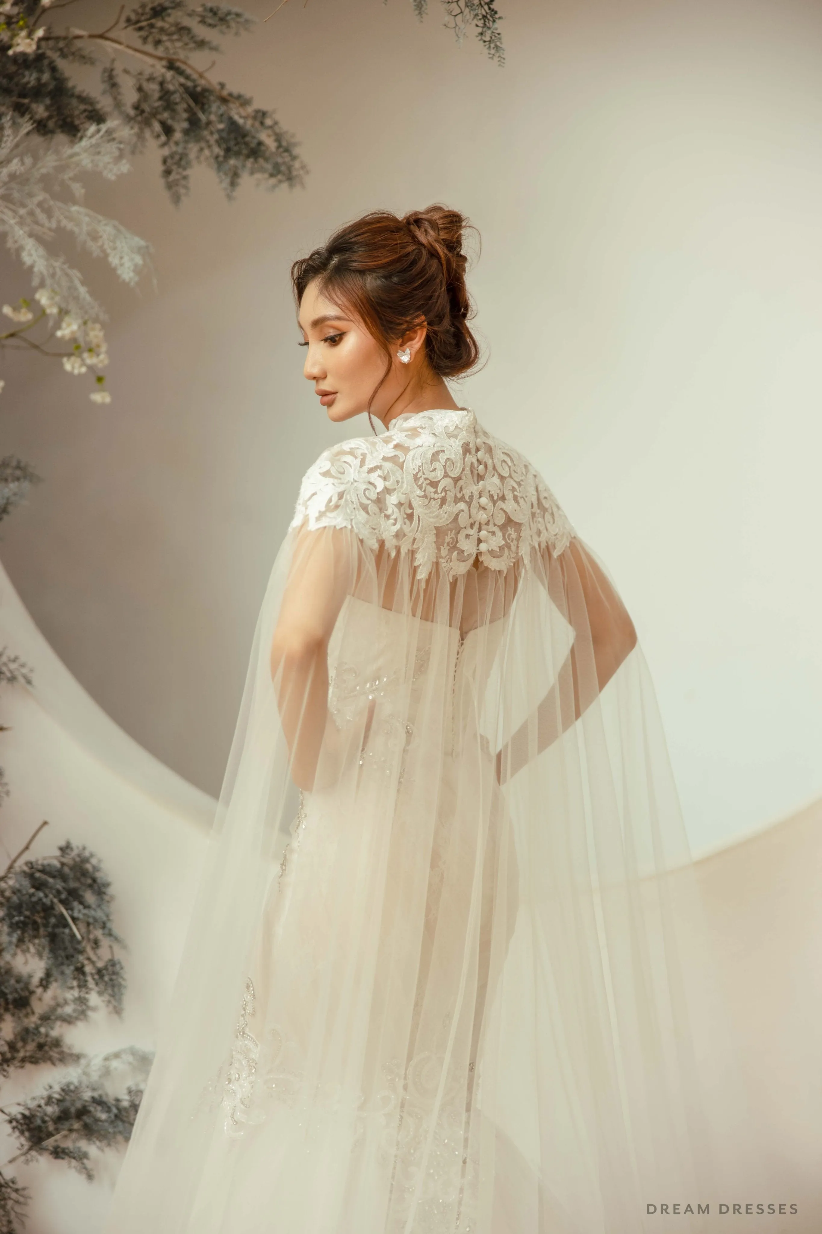 Cathedral Bridal Lace Cape with High Neck (#YONIA)