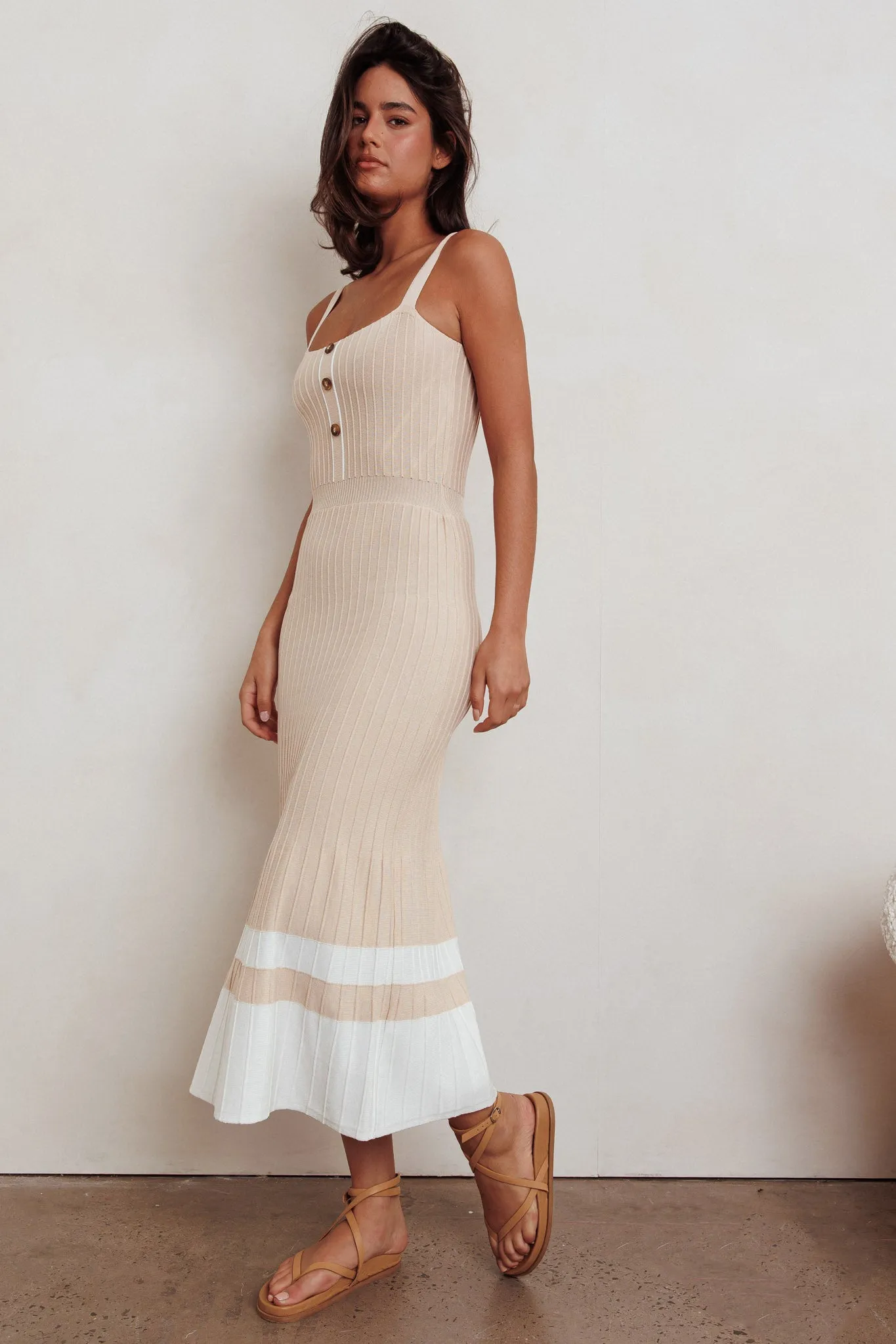 Cayla Contrast Ribbed Knit Maxi Dress Sand