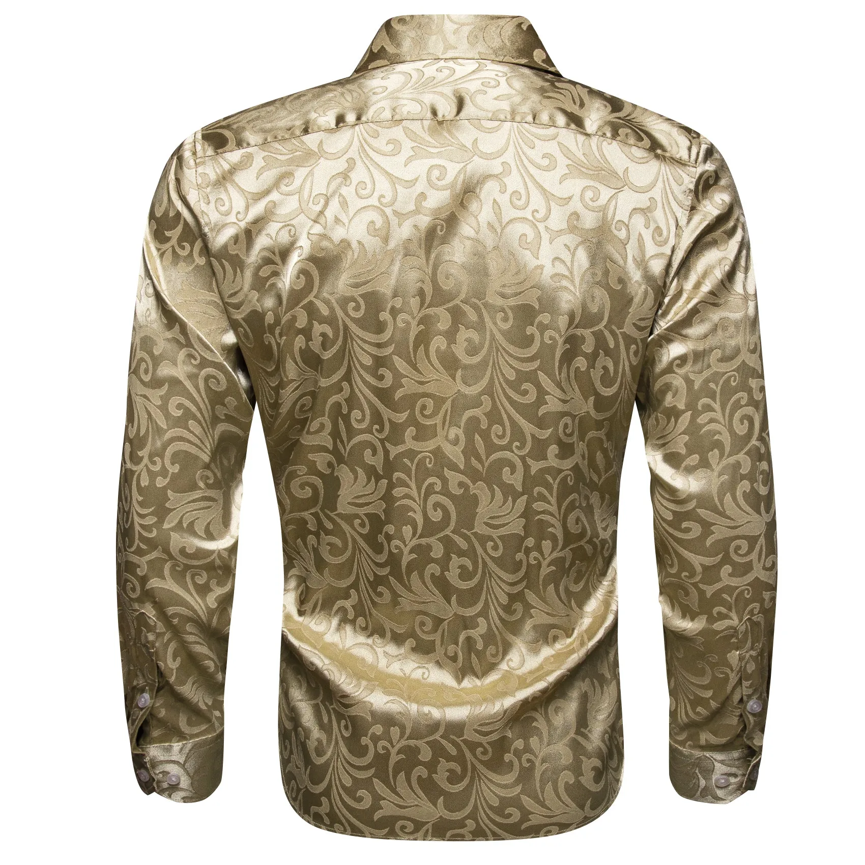 Champagne Gold Floral Leaf Silk Men's Long Sleeve Shirt