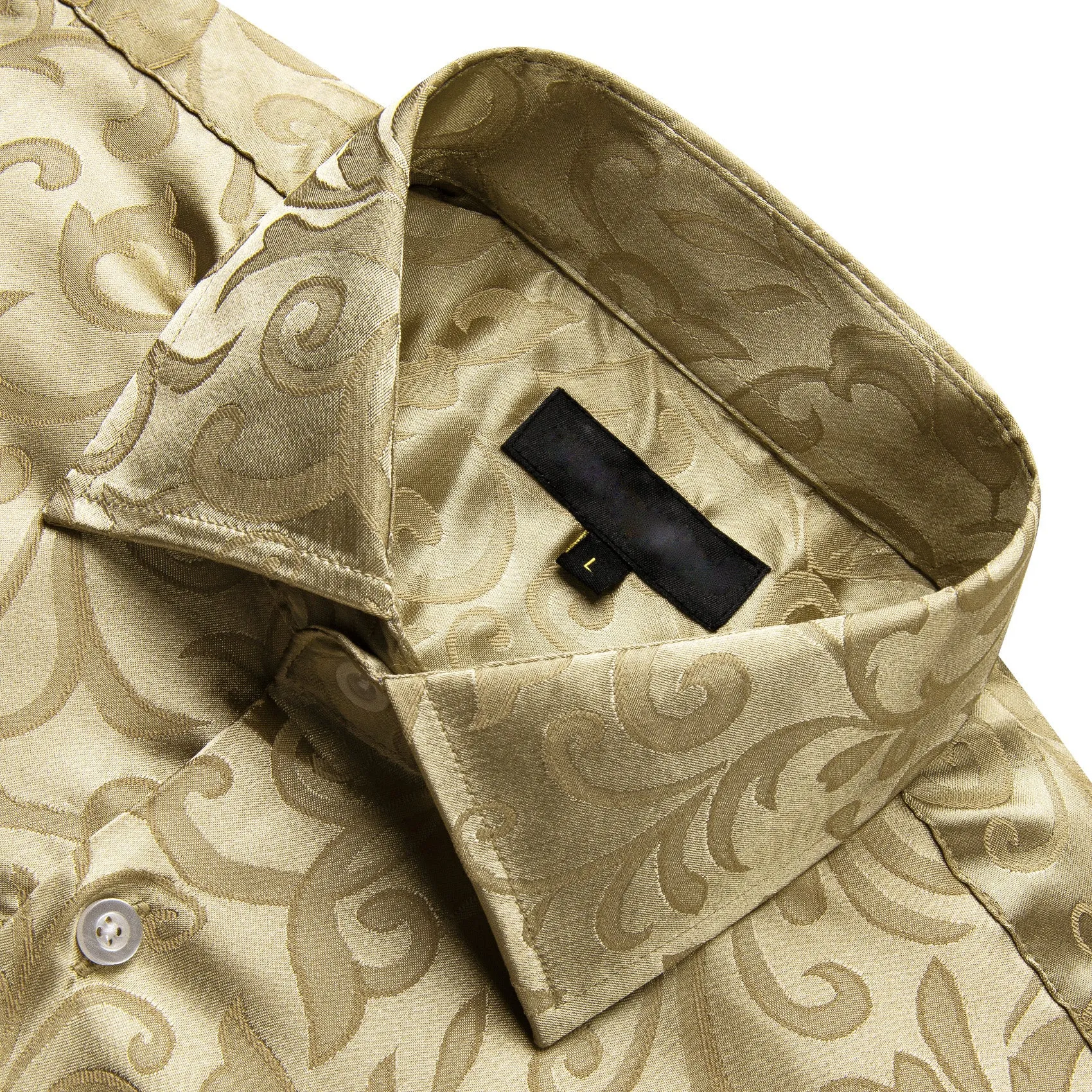 Champagne Gold Floral Leaf Silk Men's Long Sleeve Shirt