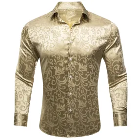 Champagne Gold Floral Leaf Silk Men's Long Sleeve Shirt