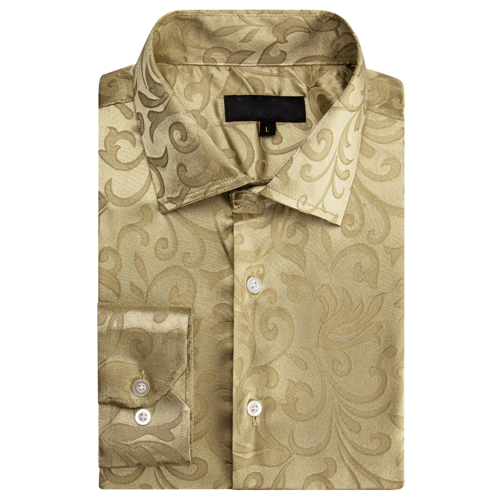 Champagne Gold Floral Leaf Silk Men's Long Sleeve Shirt