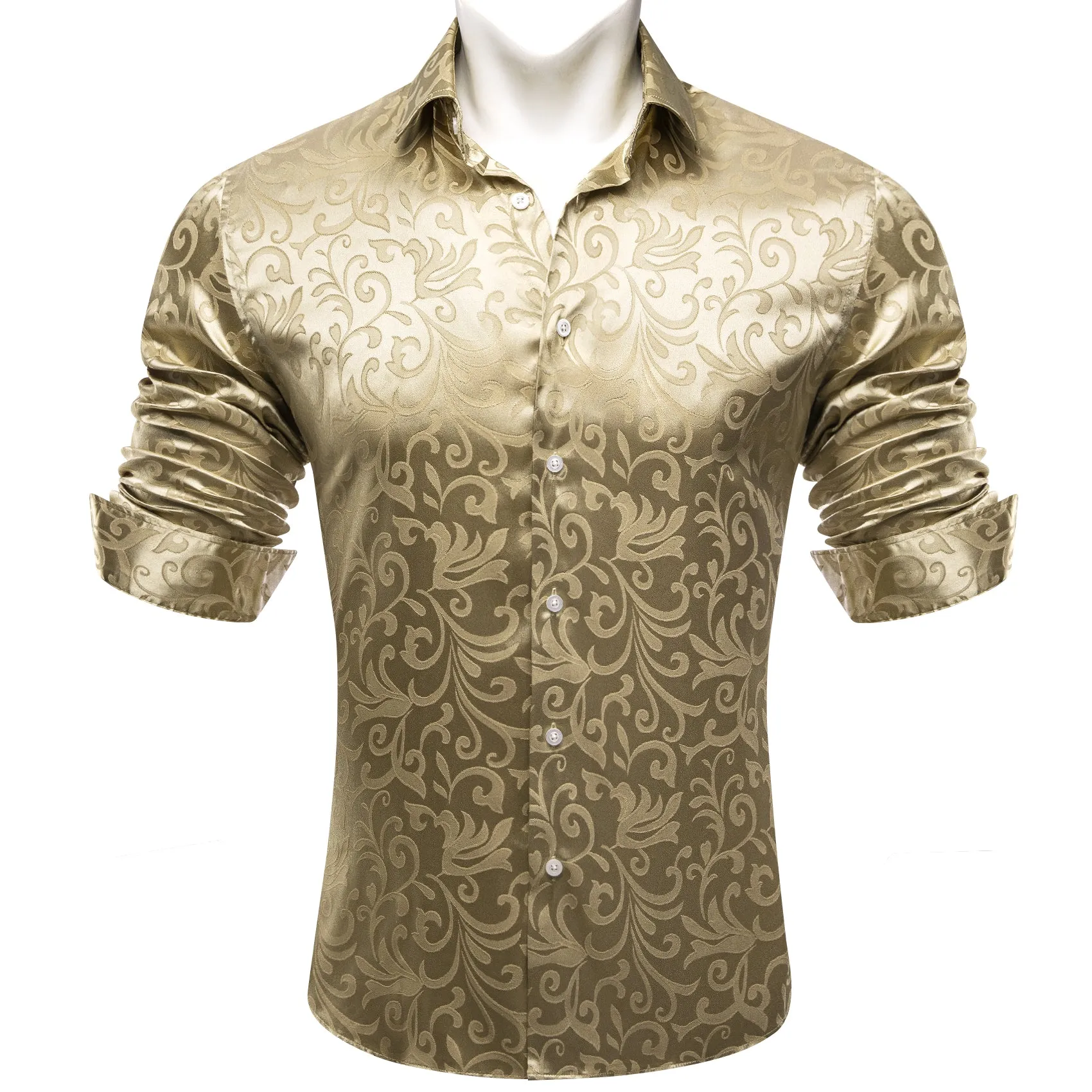 Champagne Gold Floral Leaf Silk Men's Long Sleeve Shirt