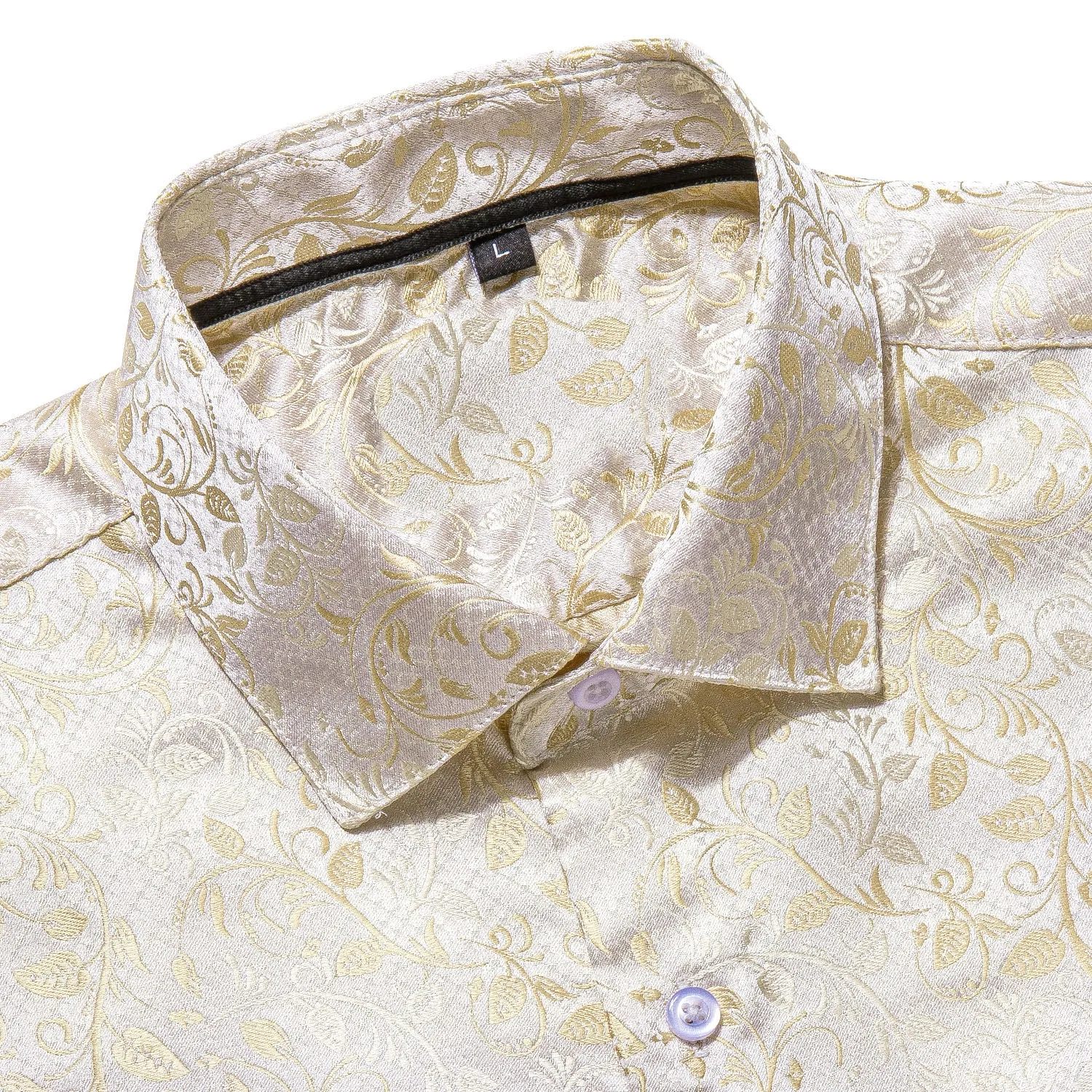 Champagne White Floral Pattern Silk Men's Long Sleeve Shirt