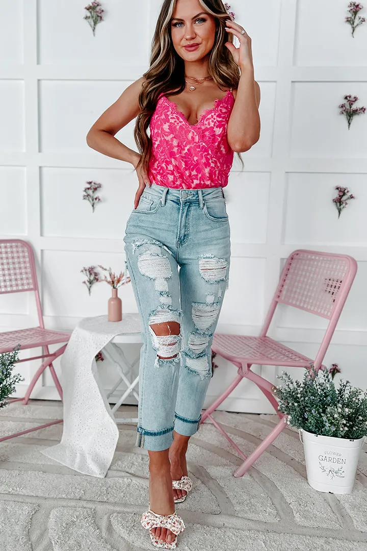 Chasing Perfection Scalloped Lace Bodysuit (Fuchsia)