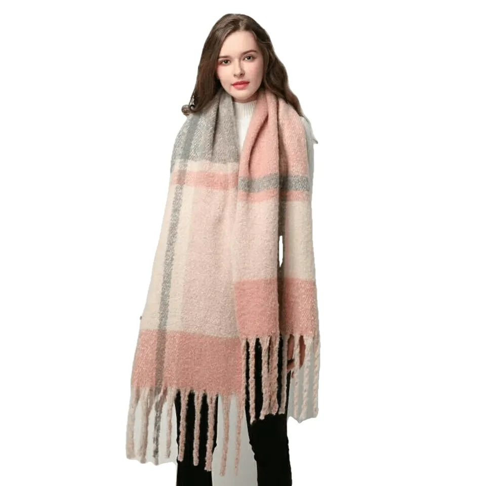 Chic Autumn/Winter Women's Tassel Shawl With Solid/Plaid Print