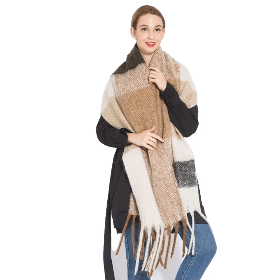 Chic Autumn/Winter Women's Tassel Shawl With Solid/Plaid Print