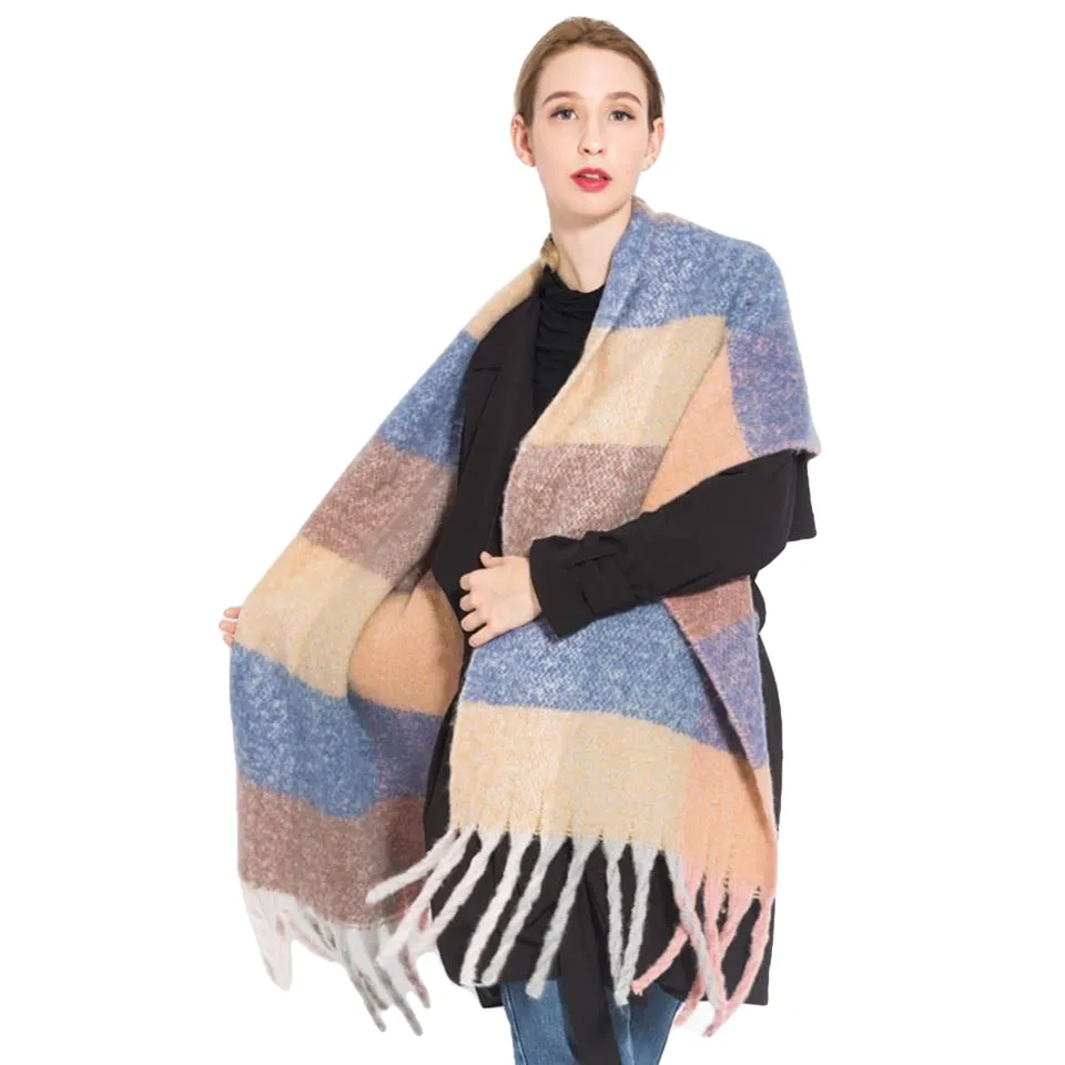 Chic Autumn/Winter Women's Tassel Shawl With Solid/Plaid Print