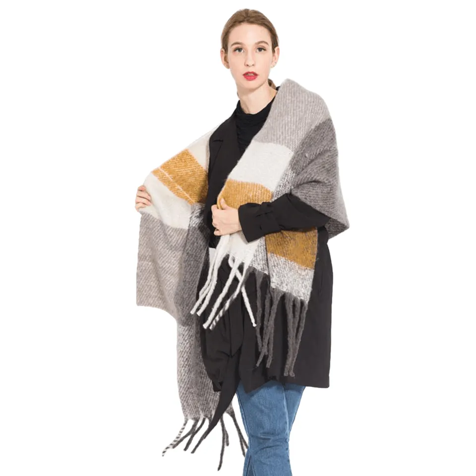 Chic Autumn/Winter Women's Tassel Shawl With Solid/Plaid Print