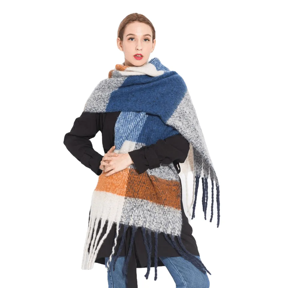 Chic Autumn/Winter Women's Tassel Shawl With Solid/Plaid Print