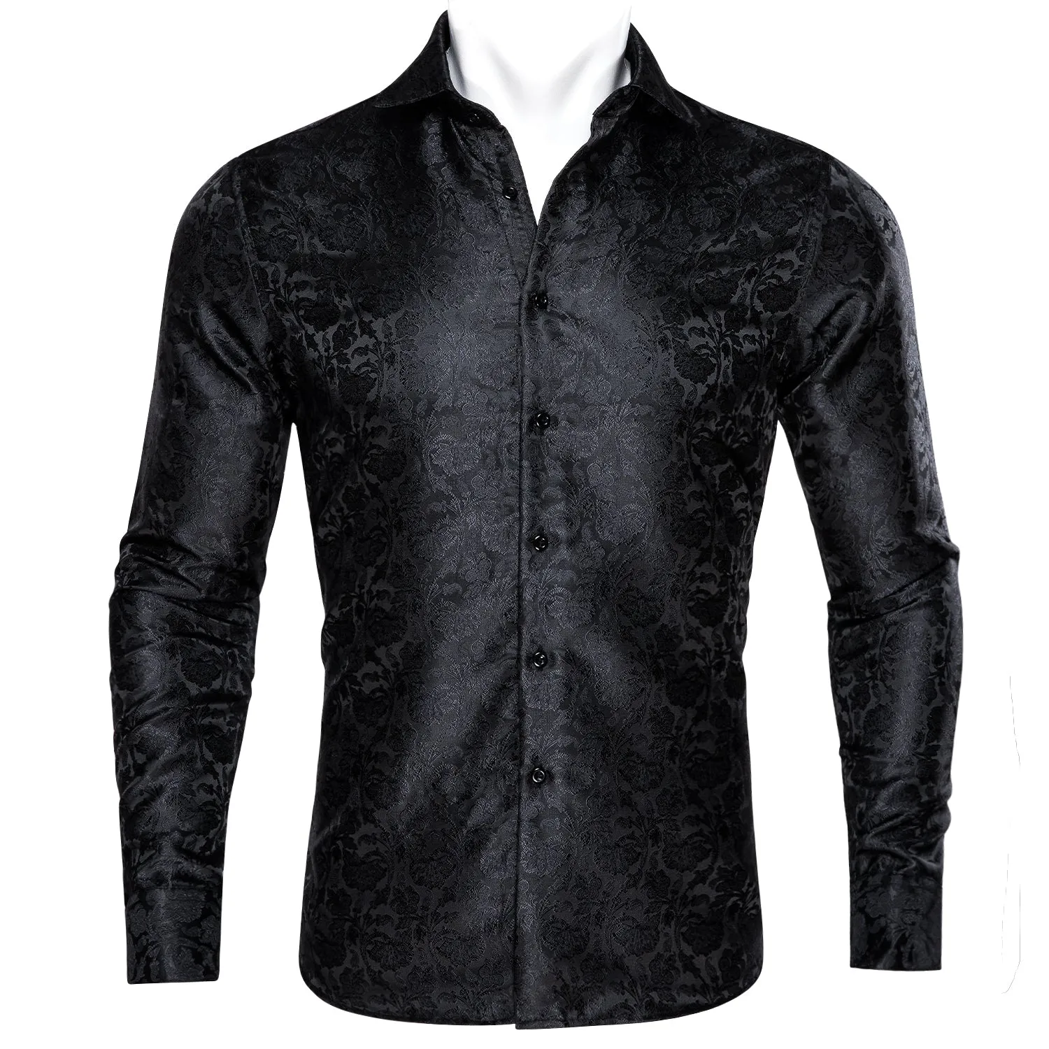 Classic Black Floral Silk Men's Long Sleeve Shirt