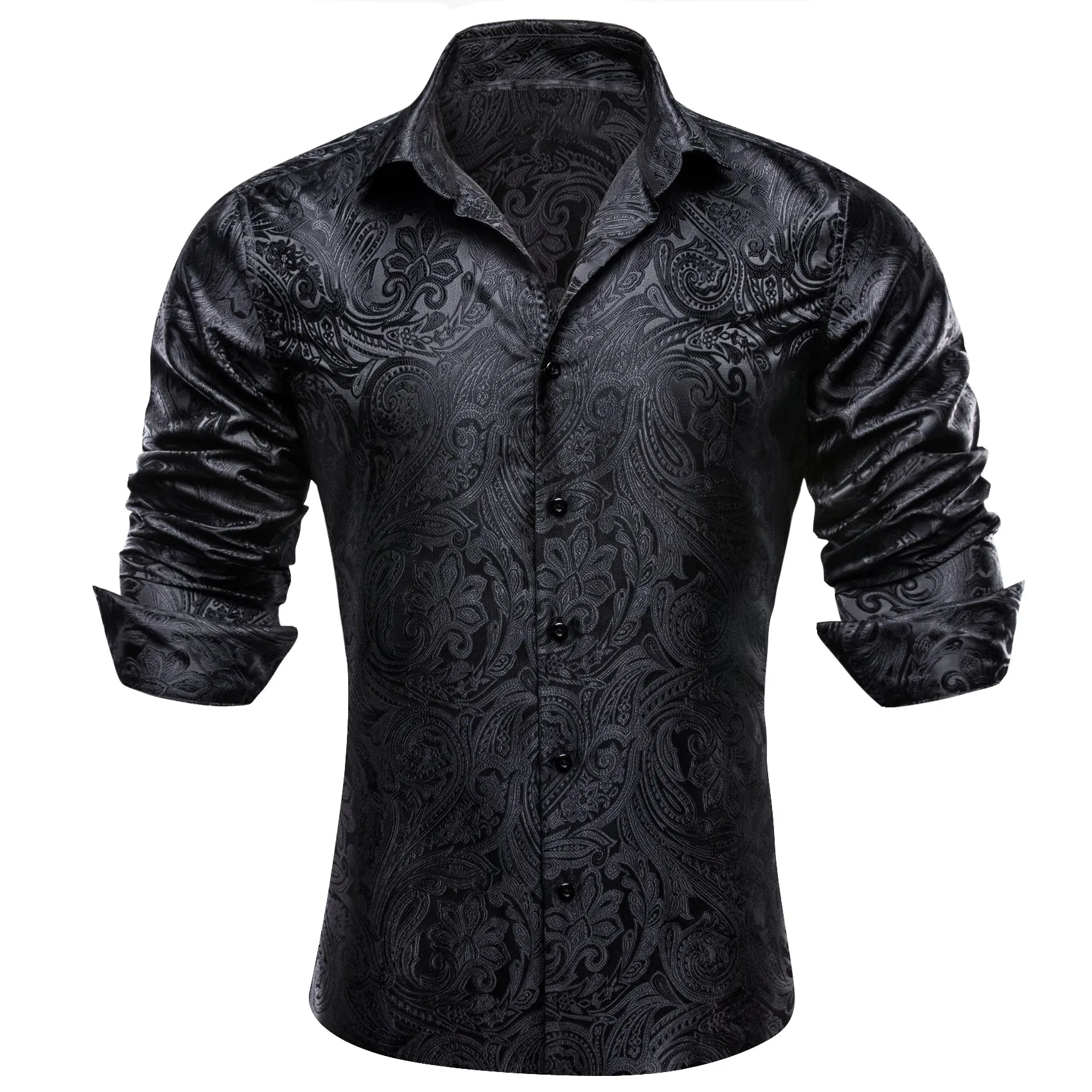 Classic Black Paisley Silk Formal Casual Men's Long Sleeve Dress Shirt