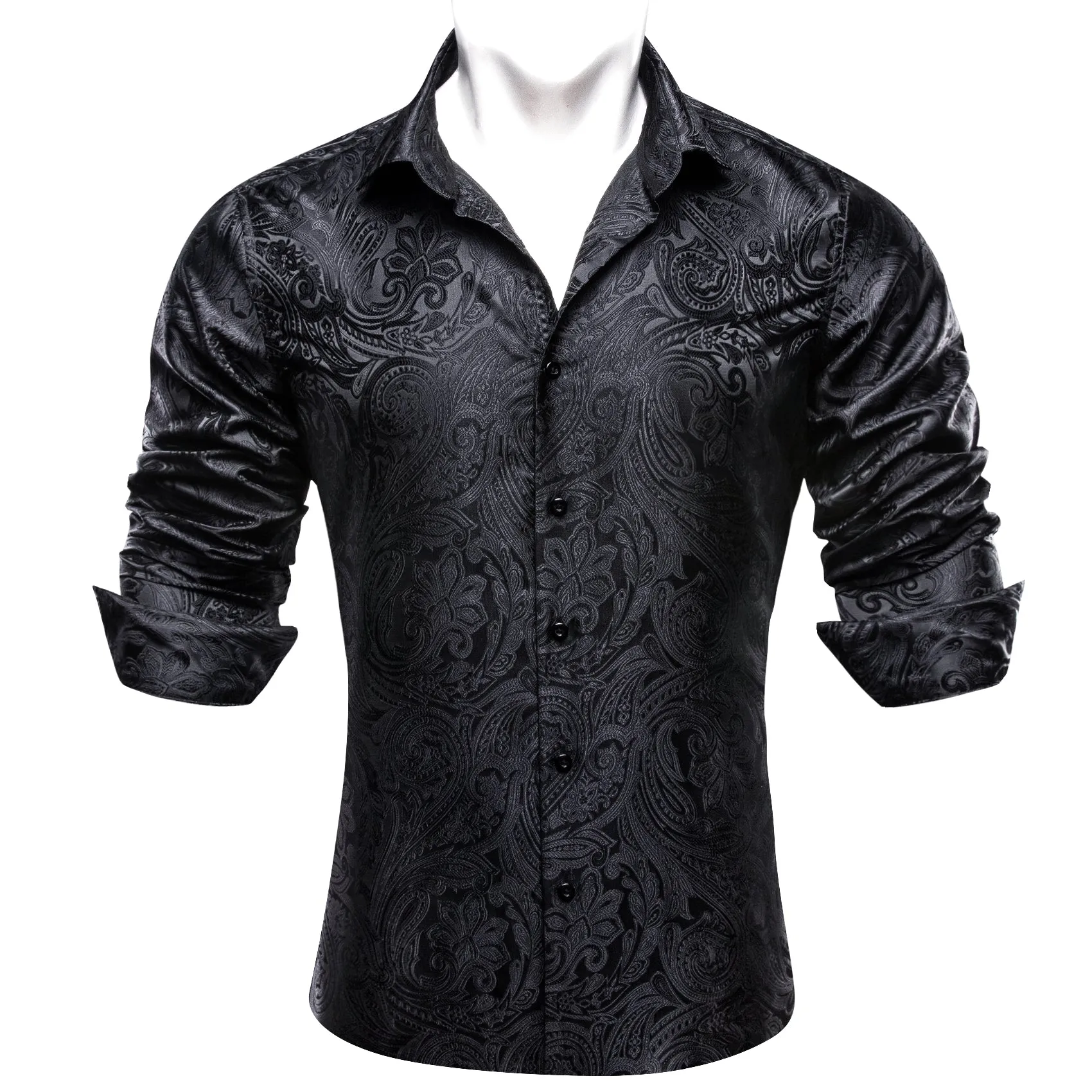 Classic Black Paisley Silk Formal Casual Men's Long Sleeve Dress Shirt