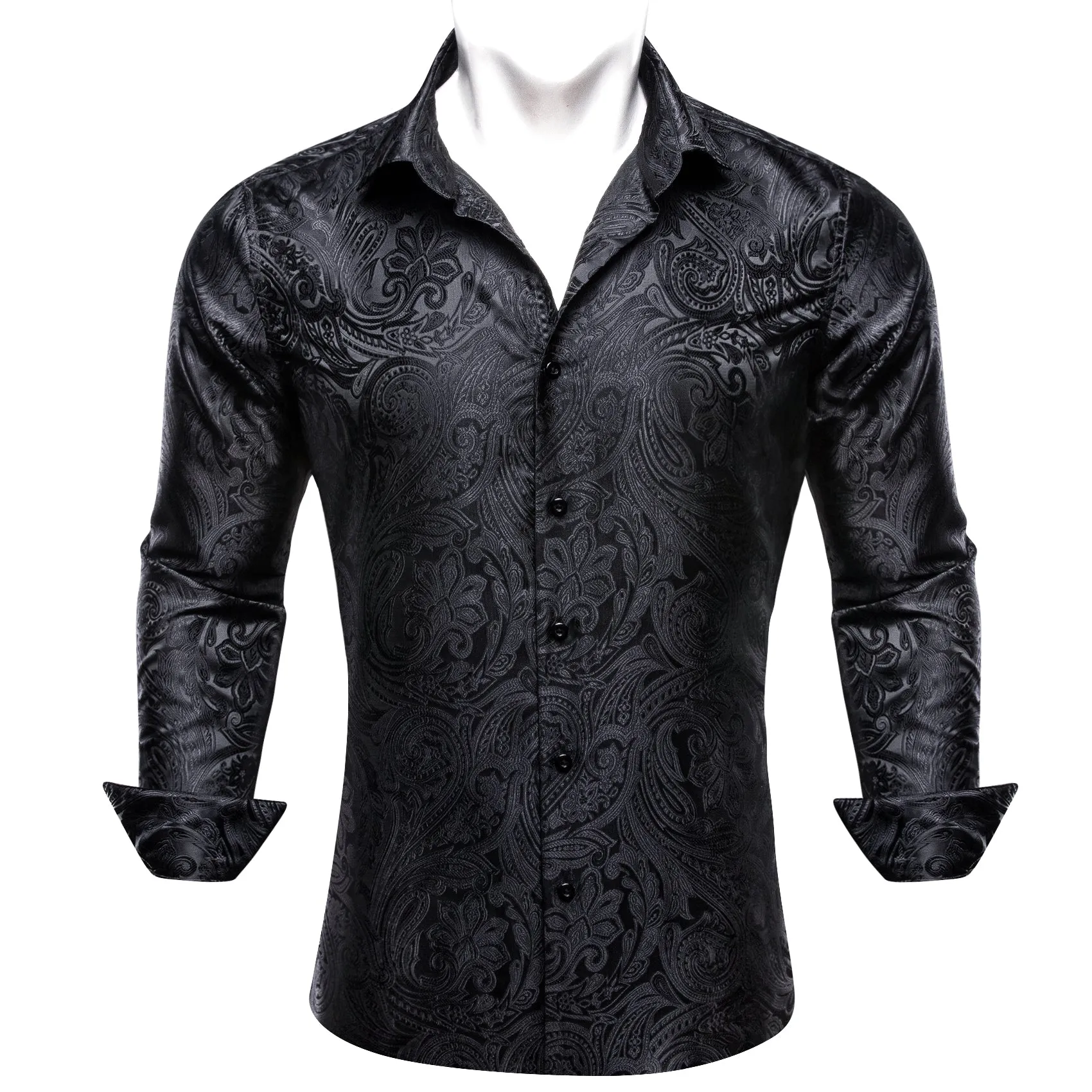 Classic Black Paisley Silk Formal Casual Men's Long Sleeve Dress Shirt