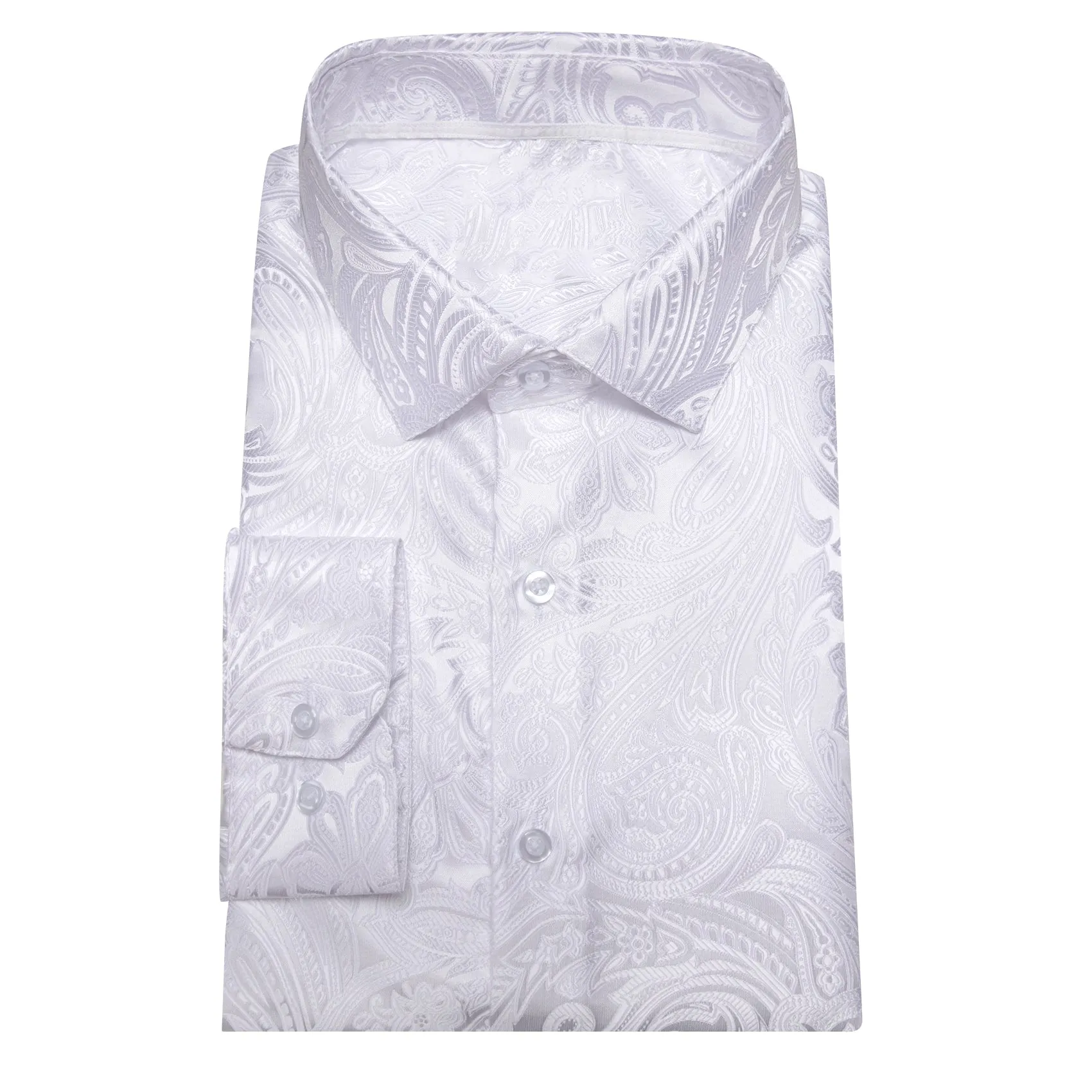 Classic White Paisley Silk Formal Casual Dress Men's Long Sleeve Shirt