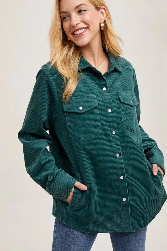 Corduroy Button Up Shacket Peacock